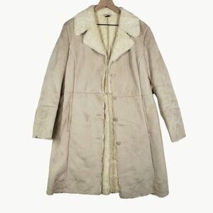 Vintage Columbia Penny Lane Faux Sherpa Suede Coat‎ XL Beige Jacket Embroidered